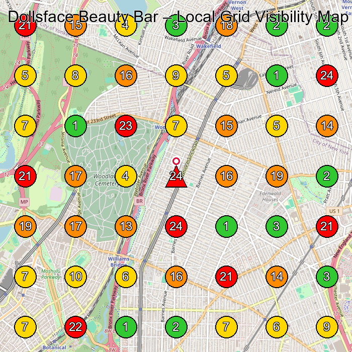 Dollsface Beauty Bar Beauty Salon GeoGrid ranking map for Bronx NY